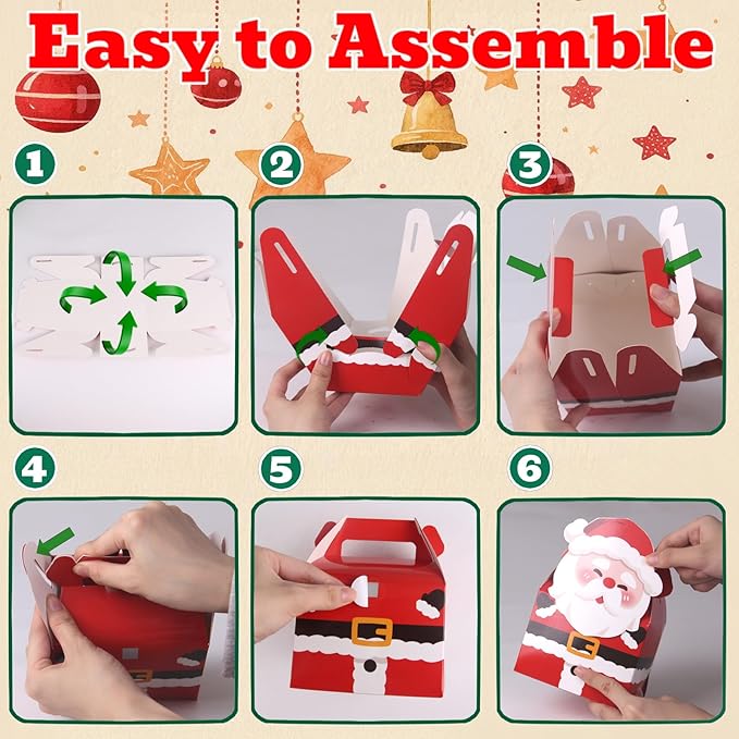 Muswarm 24 PCS Christmas Small Gift Boxes, Xmas 3D Cartoon Paper Boxes for Presents with Handles, Candy Treat Cookie Box, School Classroom Holiday Party Favor Supplies, 6 Designs