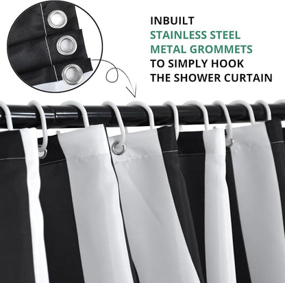 Black and White Extra Long Shower Curtain, Striped Boho Minimalist Modern Waterproof Fabric Machine Washable for Bathroom Decor Bathtub with Hooks 72Wx84H