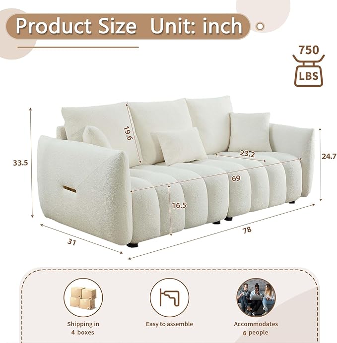 Antetek Teddy Sofa Set for Living Room, 2 Pieces Modern Deep Seat Oversized 3-Seater Cloud Boucle Couch for Bedroom, Office, Apartment, Furniture Set, 78-inch, Beige (2 Pieces)