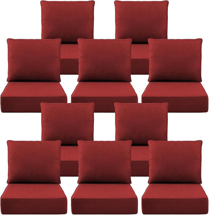 Luxury 6" Outdoor Cushions for Patio Furniture, 24x24x6" Thick Seat Cushion Set of 10, Fade Resistant Couch Chair Replacement Cushions High Density Deep Wicker Chair Cushion w/ Removable Cover, Red