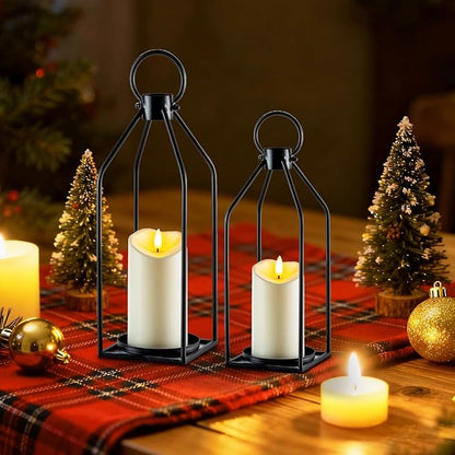 Homemory Modern Farmhouse Lantern Decor with Waterproof Flameless Candle & Remote Timer, 2PCS Black Metal Candle Lantern Decorative for Outdoor Indoor Home Living Room Patio Porch Table