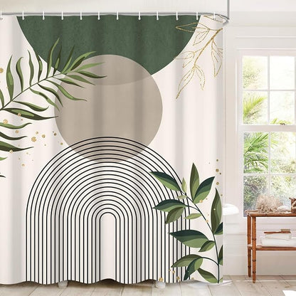 Boho Mid Century Shower Curtain, Green Modern Minimalist Abstract Geometric Gold Plant Leaves Sun Arch Bathroom Curtains Waterproof Fabric Buthtub Curtain Set with Hooks 72" Wx72 L