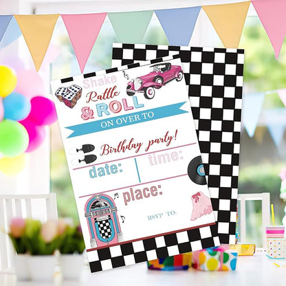 20 Sets 50's Sock Hop Birthday Party Invitations With Envelopes,Retro 1950's Jukebox Checkered Double-sided Printed Birthday Party Invitation Invite Cards for Teen Girls Boys,50's Birthday Invites