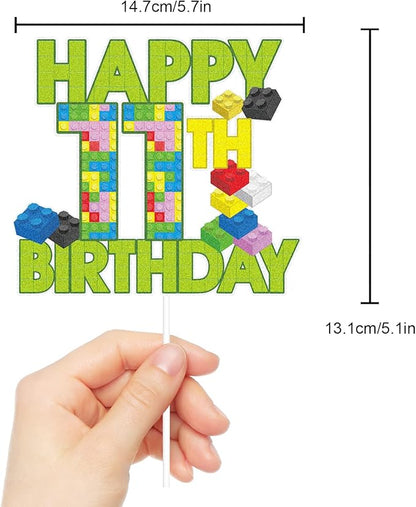 Happy 11th Birthday Building Block Cake Topper - Puzzle Games Boy's 11th Birthday Party Green Cake Topper Supplies - Building Block Party Decoration For Boy