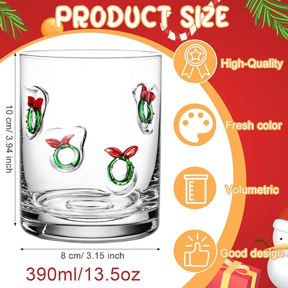 Skylety 2 Pcs Christmas Icon Juice Glasses Xmas Drinking Cups Old Fashioned Stemless Wine Glasses 13.5 oz Whiskey Cocktail Coffee Mugs for Christmas Party Gift Decor