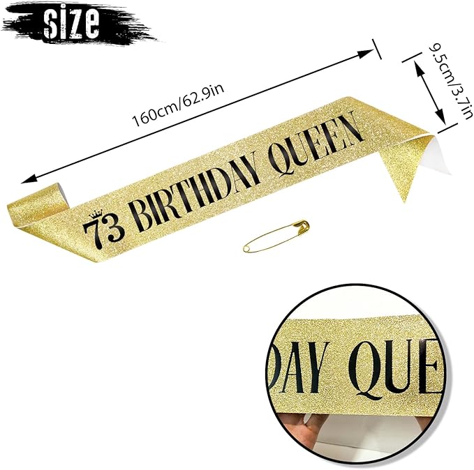 73 Birthday Queen 73rd Birthday Sash for Women, Gold Glitter Sash with Black Foil