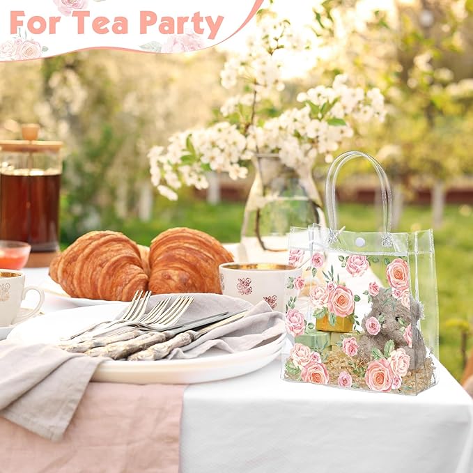 Aliceset 20 Pcs Mother's Day Clear Floral Gift Bags with Handles Flower Rose Party Goodie PVC Treat Bags for Tea Party Baby Shower Birthday Bridal Shower, 8 x 8 x 3.15 Inch