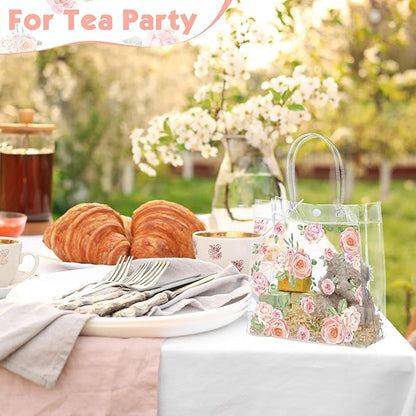 Aliceset 20 Pcs Mother's Day Clear Floral Gift Bags with Handles Flower Rose Party Goodie PVC Treat Bags for Tea Party Baby Shower Birthday Bridal Shower, 8 x 8 x 3.15 Inch