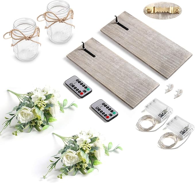 Wall Decor Mason Jar Sconces - Home Decor Wall Art Hanging Design with Remote Control LED Fairy Lights and White Rose, Farmhouse Wall Decorations for Bedroom Living Room Lights Set of Two