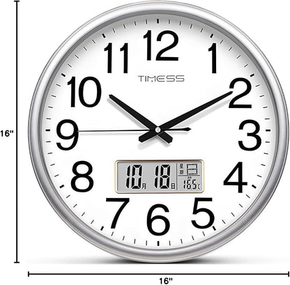 TIMESS Wall Clock, 16 Inch Non-Ticking Silent Battery Operated Quartz Analog with LCD Display for Perpetual Calendar and F° Temperature, Ideal Modern Home, Bedroom, Kitchen, Office Décor (Sliver)
