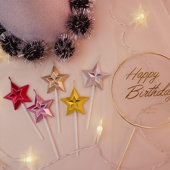 Saododku Birthday Candles, Star Shaped Birthday Candles for Cake, 5pcs Sparkler Candles for Birthday Cake, Metallic Multi-Colored Stereo Shaping Cake Candles Set