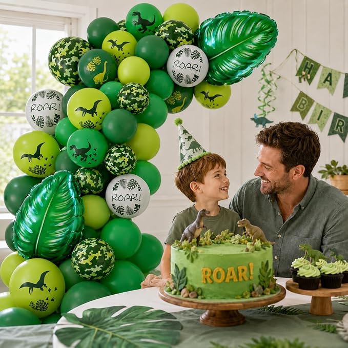 Dinosaur Balloons, 12 Inch Dino Printed Balloons with Palm Leaves Confetti Balloons for Birthday Party Jungle Dinosaur Safari Themed Decoration Supplies
