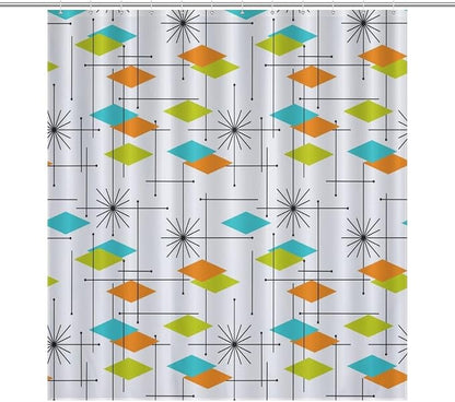 Mid Century Modern Shower Curtain,Retro Abstract Atomic Starburst Geometric Diamond Pattern Shower Curtains Set for Bathroom Fabric Decorative Bath Curtain Washable Curtain Hooks, 72”x72”