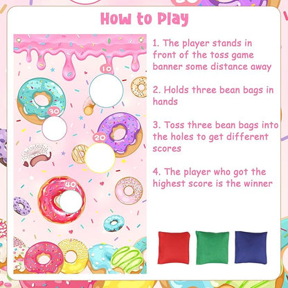 Serencatcher Donut Toss Game Banner with 3 Bean Bags Donut Bean Bag Toss Games Backdrop Background for Donut Party Games Donut Birthday Baby Shower Party Decorations Supplies