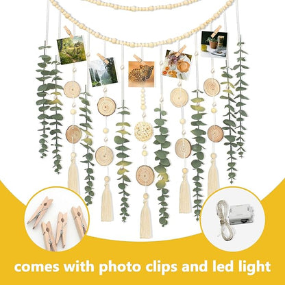 Artificial Eucalyptus Wall Decor with Wicker Ball Natural Boho Home Decorations Hanging Wooden Bead Garland for Large Bedroom Bathroom Living Room, 32 x 32 Inch