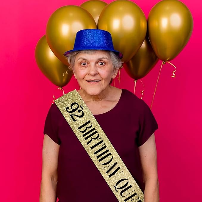 92 Birthday Queen 92nd Birthday Sash for Women, Gold Glitter Sash with Black Foil