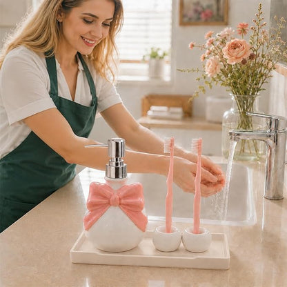 Pink Bathroom Accessories Ceramic Pink Bow Bathroom Set for Bathroom Vanity - Includes Tray, Soap Pump, Toothbrush Holder