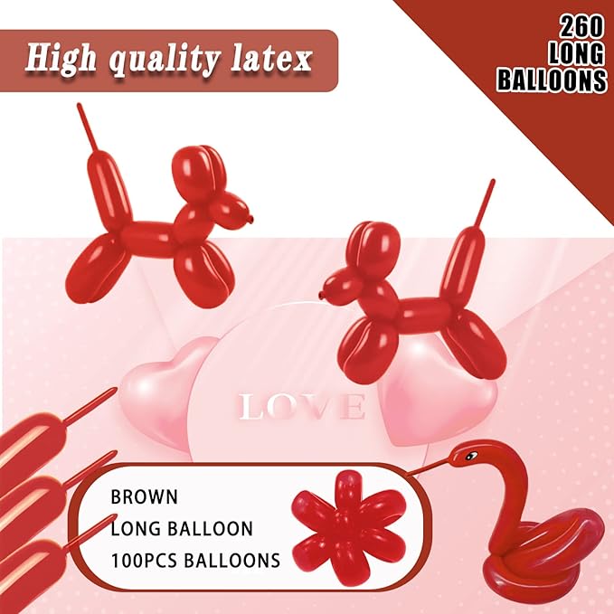 260 Long Balloons 100 Pack Coffee Brown Twisting Animal Balloons Thickening Latex Modeling Long Magic Balloons for Animal Model Weddings Birthdays Festival Party Decorations