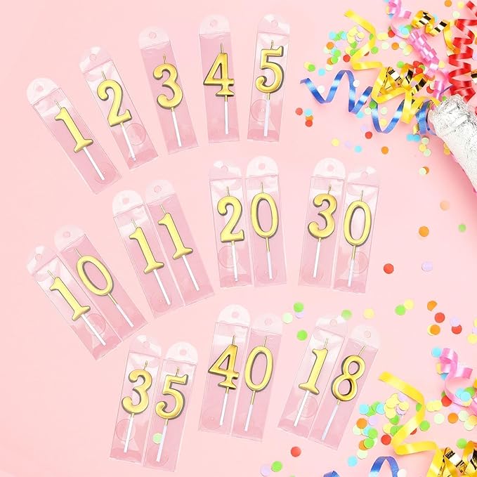 32 Pieces Number Birthday Candles Gold Cake Candles Number 0-9 Cake Decoration for Birthday Ten-Year Milestone Anniversary Wedding Party Celebration (Gold)