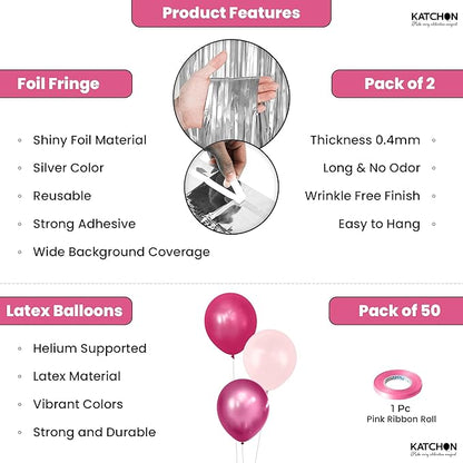 KatchOn, Big Silver Fringe Backdrop Set - 3.2x6.5 Feet, Pack of 52 | Silver Streamer Backdrop and Pink Latex Balloons | Fringe Curtain for Engagement, Disco, Wedding, Anniversary, Birthday Decoration