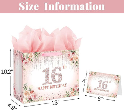 Laidans Sweet 16th Happy Birthday Gift Bag with Tissue Paper and Card for Girls Kids Birthday Party (Rose Gold) (16th)