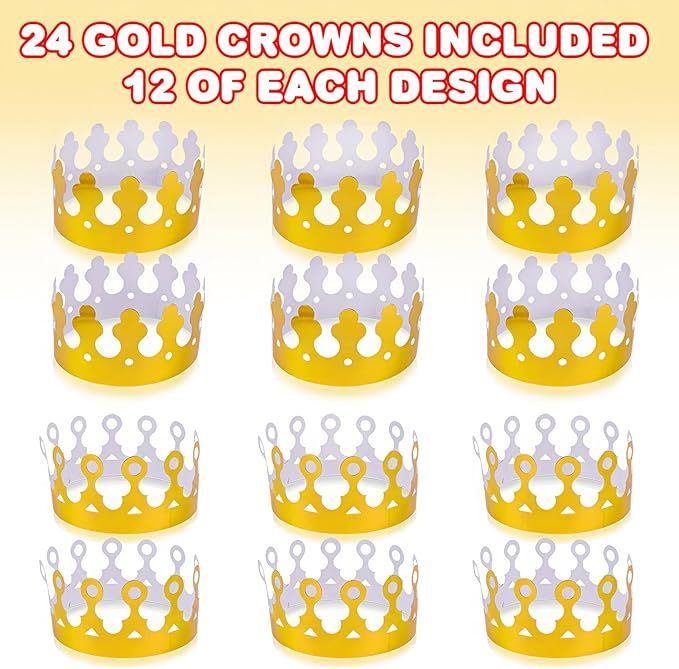 ArtCreativity Pack of 24 Gold Crown - Foil Birthday Party Paper Crowns for Kids - Golden Birthday Hats in 2 Fun Designs Adjustable and Reusable Royalty Party Decorations