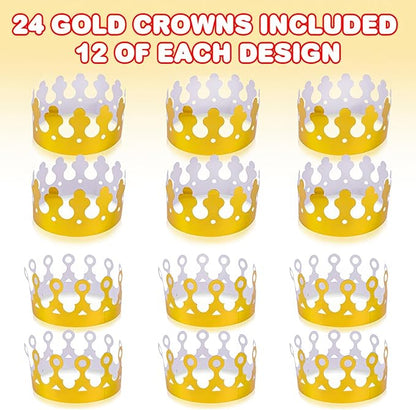 ArtCreativity Pack of 24 Gold Crown - Foil Birthday Party Paper Crowns for Kids - Golden Birthday Hats in 2 Fun Designs Adjustable and Reusable Royalty Party Decorations
