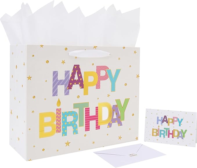 Qirrmiy 13'' Large Happy Birthday Gift Bag Set with Handles, Greeting Card, White Tissue Papers and Stickers for Women Girls Kids Teens, Foil Letter Design, 1 Pcs