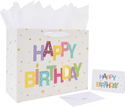 Qirrmiy 13'' Large Happy Birthday Gift Bag Set with Handles, Greeting Card, White Tissue Papers and Stickers for Women Girls Kids Teens, Foil Letter Design, 1 Pcs