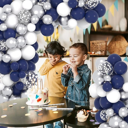 Navy Blue Silver Balloon Arch Garland Kit, 122PCS Navy Blue White Metallic Silver Confetti Balloons for Birthday Graduation Wedding Retirement Anniversary Engagement Father Day Party Decoration