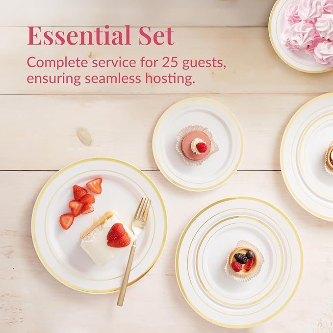 Prestee 50-Piece Disposable Plates Set - White with Gold Rimmed Plastic Plate for Parties, Holidays, Weddings - Includes 25 Dinner Plates and 25 Small Salad Platter - Ideal Thanksgiving Plate