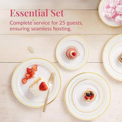 Prestee 50-Piece Disposable Plates Set - White with Gold Rimmed Plastic Plate for Parties, Holidays, Weddings - Includes 25 Dinner Plates and 25 Small Salad Platter - Ideal Thanksgiving Plate
