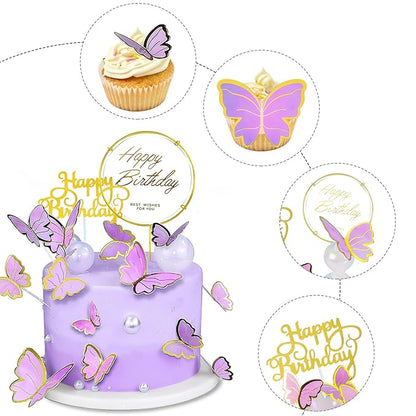 60Pcs Butterfly Cupcake Topper Purple Gold, Lively 3D Butterflies with 2Pcs Happy Birthday Topper for Cake Decor Birthday Anniversary Kids Wedding Girl Women Party Wall Food Decorations,Mixed Size