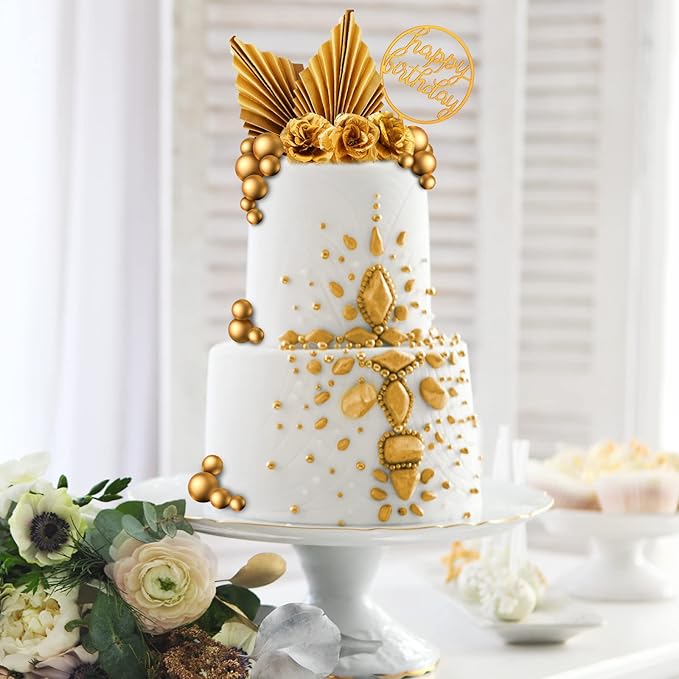 Shimeyao 52 Pcs Gold Happy Birthday Cake Topper Decoration Boho Wedding Cake Topper Rose Flower Butterfly Palm Leaves Balls Birthday Decoration for Women Men Party Decor(Gold)