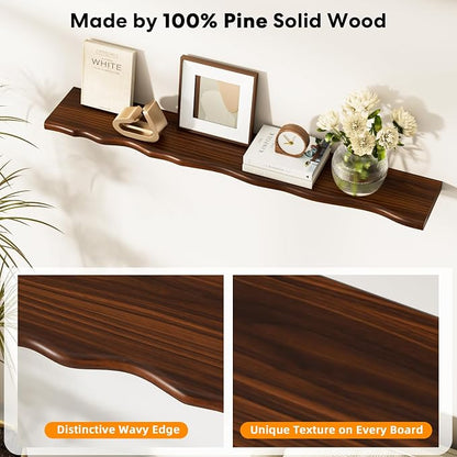 Solid Wood Live Edge Floating Shelves Set of 1 – 48" Rustic Wall Shelf with Hidden Bracket System, Wall Mounted Shelves for Bathroom, Kitchen, Living Room, Bedroom (Walnut)