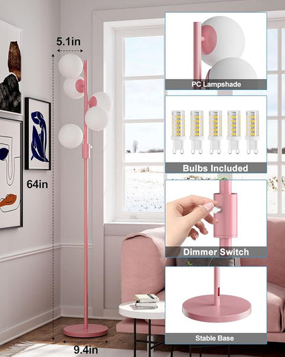 64IN Dimmable Pink Floor Lamp, Tall Standing Lamps with 5 Globe Soft Warm White Eye Care 3000K G9 Bulbs, Mid Century Modern Floor Lamp with 5Lbs Heavy Base for Living Room Bedroom Office