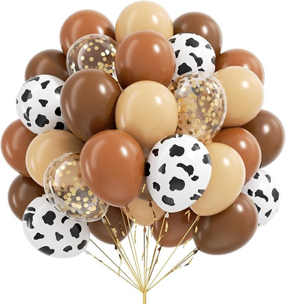 Brown Western Balloons, Brown Nude Gold Confetti Cow Print Latex Cowboy Balloons for Farm Cowboy Western Baby Shower Birthday Party Decorations