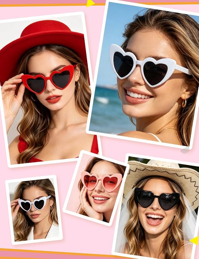 8 Pack Heart Sunglasses Vintage Cat Eye Heart Glasses Retro Bachelorette Bride Sunglasses Bulk for Women