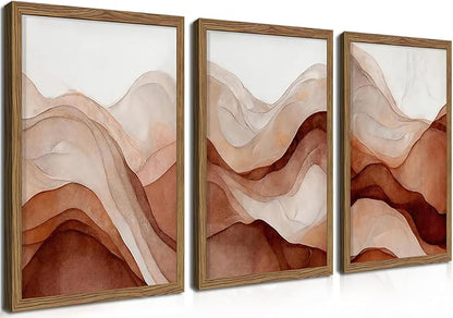 raiqtols Abstract Terracotta Watercolor Canvas Wall Art Set of 3 – Framed Boho Modern Wall Decor, Neutral Gallery Wall Art Prints with Wooden Frame for Living Room Bedroom Home Decor – 12x16in