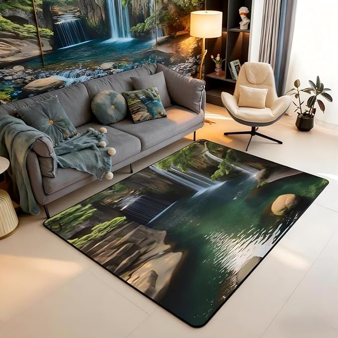 Waterfall Large Area Rug 5x7 Lake Cascade Scenery Living Room Rug | Chic Nature Art Mountain Rock Rugs for Bedroom, Sault Landscape Carpet Indoor Floor Mat