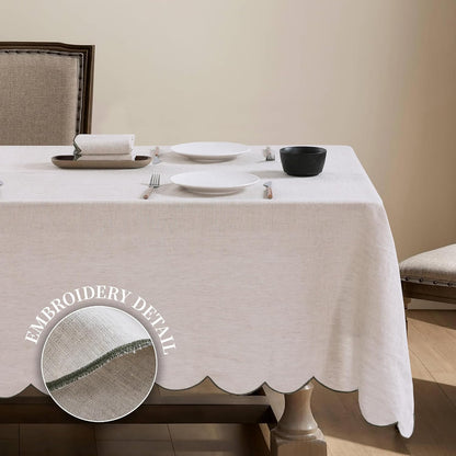 100% French Flax Linen Tablecloths Scalloped Embroidery Rectangle 120Lx60W Inch for Dinners, Parties, Spring, Machine Washable, 10-12 Sets, Linen(Edges-Green)