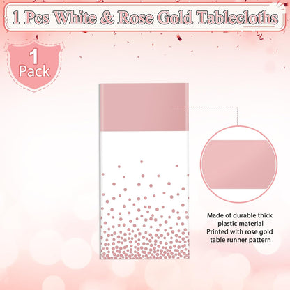 1Pcs White and Rose Gold Tablecloth Party Decorations,Plastic White Table Cloth Printed Rose Gold Table Runner Disposable Rectangle Cover for Birthday Anniversary Wedding Grad Party,54 x108 Inch