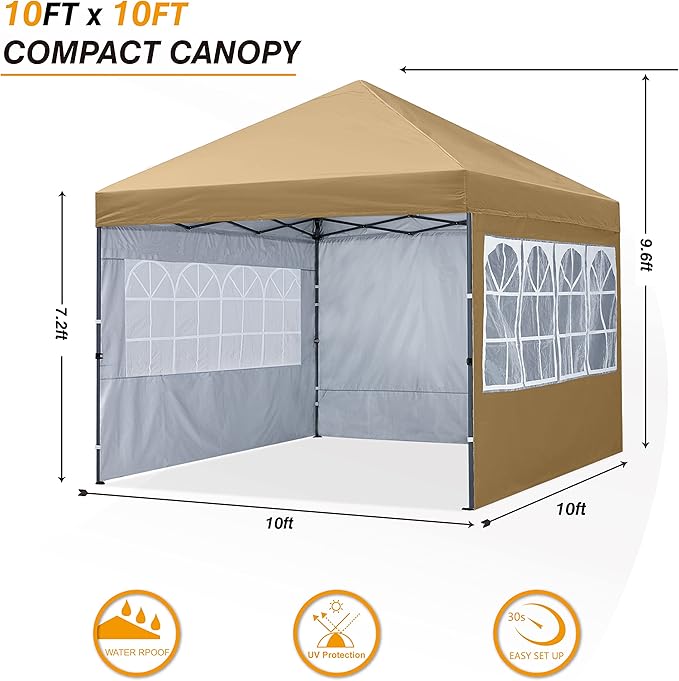 COOSHADE 10X10Ft Pop up Canopy Tent Enclosed Instant Folding Canopy Shelter with Elegant Church Window Outdoor Pavilion Cater Party Wedding BBQ Events Tent(Beige)