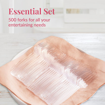 Prestee 500 Clear Plastic Forks - Heavyweight Disposable Forks, Sturdy Flatware, Elegant Fork for Parties, Bulk Disposable Silverware Set, Clear Plastic Utensils - Flatware