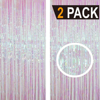 GOER 6.4 ft x 9.8 ft Metallic Tinsel Foil Fringe Curtains,Pack of 2 Party Streamer Backdrop for Unicorn Birthday,Graduation Decorations and New Year Eve (Iridescent)