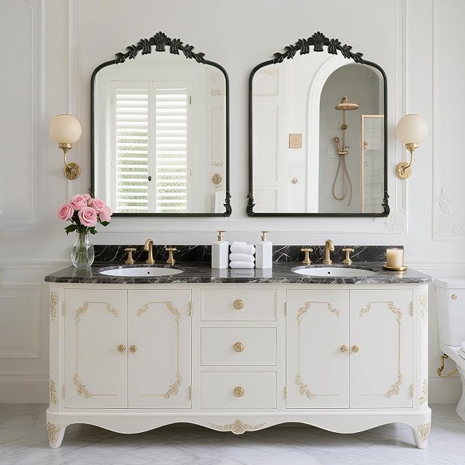WallBeyond Black Antique Mirror for Vanity 28x36 Inch, Black Vintage Mirror with Ornate Frame, Arched Vintage Wall for Bathroom, Living Room, Fireplace