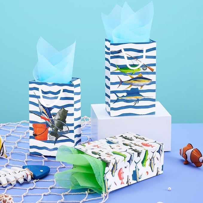 WERNNSAI 16PCS Gone Fishing Party Goodie Bags - Fishing Candy Gift Bags with Handle for Boys Litter Fisherman Birthday Supplies Favor Paper Treat Bag for Birthday Holiday Party Decotation
