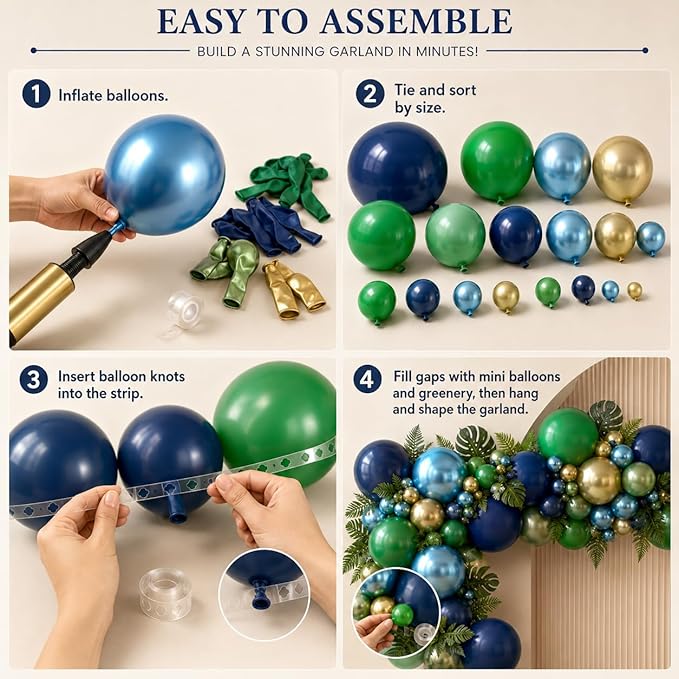 134Pcs Blue and Green Balloon Garland Kit, Navy Blue Dark Green Gold Balloon Arch Kit with Metallic Chrome Balloons, Dinosaur Helium Latex Balloons for Dino Jungle Safari Birthday Party Decorations