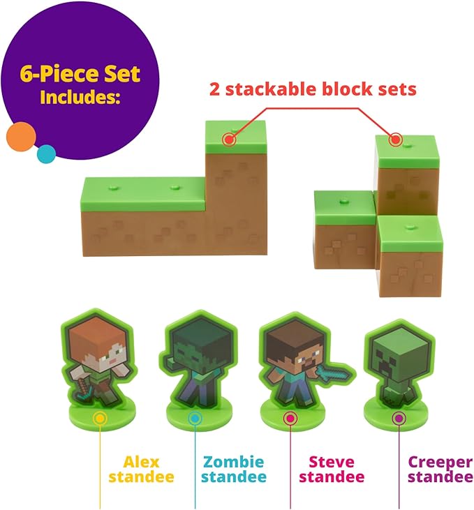 DecoSet® Mobs Beware Minecraft Cake-Topper, 6-Piece Stackable Cake-Decoration, Interlocking 3D Blocks With Characters, Food Safe Birthday Cake Decoration, 2.8 inches (W) x 2.8 inches (H) (Pack of 2)