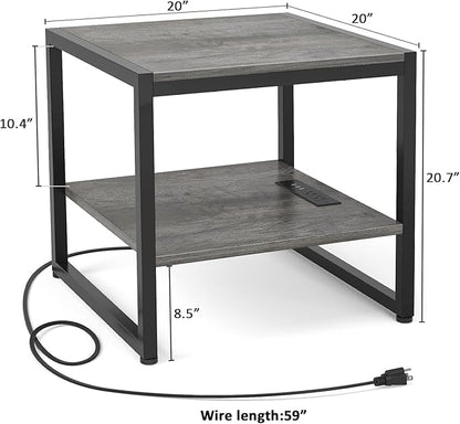 Homieasy End Table with Charging Station, 20" Mini Fridge Stand with Power Outlets, Heavy Duty Side Table for Living Room, Small Table Stand & Fridge Table, Black Oak